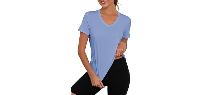 KevaMolly Blue Workout Tops for Women V Neck UPF50+ Breathable Loose Fit Yoga T Shirts Short Sleeve Running Gym Athletic Tee Top XXL
